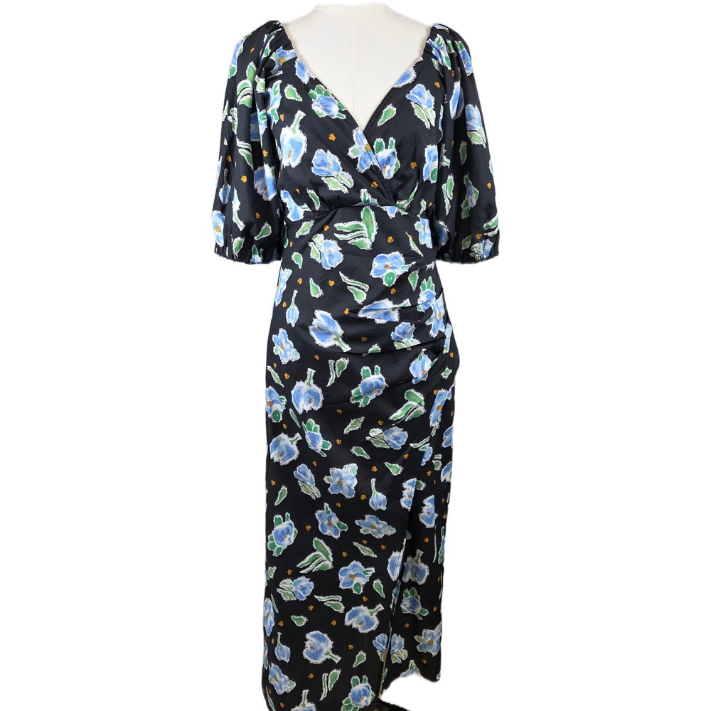 Melloday‎ Black Floral Puff Sleeve Midi V-Neck Dress w/Smocked Back & Front Slit